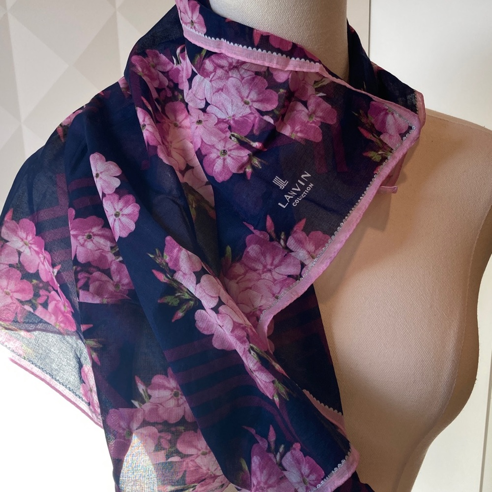 Lanvin 100% Cotton Pink and Navy Floral Cherry Blossom Scarf